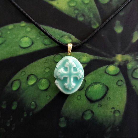 Handmade Ceramic Aqua Green Fleur De Lis Cross Pendant Necklace - Picture 11 of 14